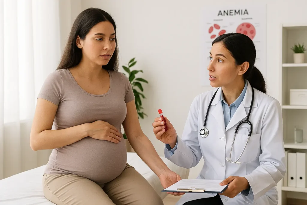 Médico explicando como quitar la anemia en el embarazo a una paciente-clinica de anemia